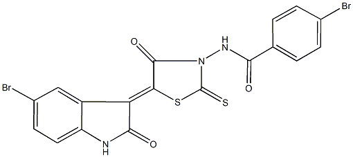 4-bromo-N-[5-(5-bromo-2-oxo-1,2-dihydro-3H-indol-3-ylidene)-4-oxo-2-thioxo-1,3-thiazolidin-3-yl]benzamide 구조식 이미지