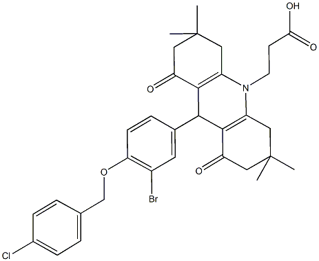 3-(9-{3-bromo-4-[(4-chlorobenzyl)oxy]phenyl}-3,3,6,6-tetramethyl-1,8-dioxo-2,3,4,5,6,7,8,9-octahydro-10(1H)-acridinyl)propanoic acid 구조식 이미지