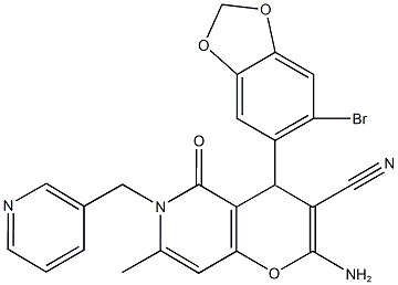 2-amino-4-(6-bromo-1,3-benzodioxol-5-yl)-7-methyl-5-oxo-6-(3-pyridinylmethyl)-5,6-dihydro-4H-pyrano[3,2-c]pyridine-3-carbonitrile 구조식 이미지
