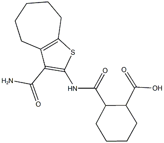 2-({[3-(aminocarbonyl)-5,6,7,8-tetrahydro-4H-cyclohepta[b]thien-2-yl]amino}carbonyl)cyclohexanecarboxylic acid Structure