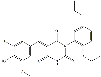1-(2,5-diethoxyphenyl)-5-(4-hydroxy-3-iodo-5-methoxybenzylidene)-2,4,6(1H,3H,5H)-pyrimidinetrione Structure