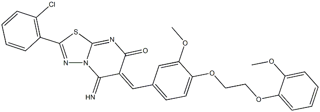 2-(2-chlorophenyl)-5-imino-6-{3-methoxy-4-[2-(2-methoxyphenoxy)ethoxy]benzylidene}-5,6-dihydro-7H-[1,3,4]thiadiazolo[3,2-a]pyrimidin-7-one 구조식 이미지