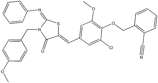 2-[(2-chloro-6-methoxy-4-{[3-(4-methoxybenzyl)-4-oxo-2-(phenylimino)-1,3-thiazolidin-5-ylidene]methyl}phenoxy)methyl]benzonitrile 구조식 이미지