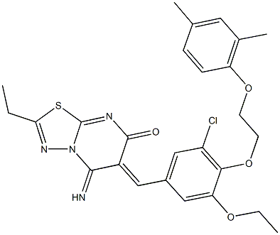6-{3-chloro-4-[2-(2,4-dimethylphenoxy)ethoxy]-5-ethoxybenzylidene}-2-ethyl-5-imino-5,6-dihydro-7H-[1,3,4]thiadiazolo[3,2-a]pyrimidin-7-one 구조식 이미지