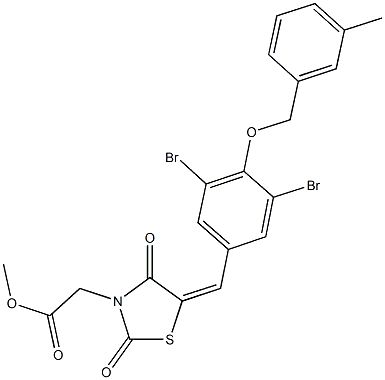 methyl (5-{3,5-dibromo-4-[(3-methylbenzyl)oxy]benzylidene}-2,4-dioxo-1,3-thiazolidin-3-yl)acetate 구조식 이미지