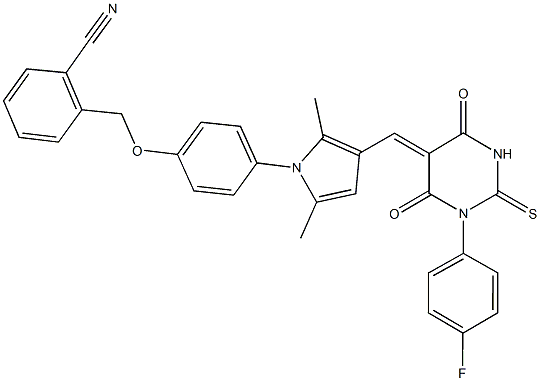 2-[(4-{3-[(1-(4-fluorophenyl)-4,6-dioxo-2-thioxotetrahydro-5(2H)-pyrimidinylidene)methyl]-2,5-dimethyl-1H-pyrrol-1-yl}phenoxy)methyl]benzonitrile 구조식 이미지