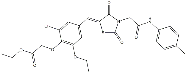 ethyl [2-chloro-4-({2,4-dioxo-3-[2-oxo-2-(4-toluidino)ethyl]-1,3-thiazolidin-5-ylidene}methyl)-6-ethoxyphenoxy]acetate Structure