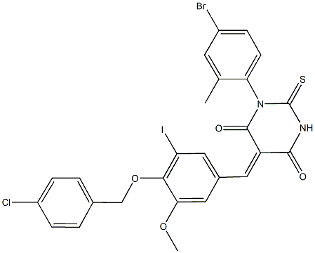 1-(4-bromo-2-methylphenyl)-5-{4-[(4-chlorobenzyl)oxy]-3-iodo-5-methoxybenzylidene}-2-thioxodihydro-4,6(1H,5H)-pyrimidinedione 구조식 이미지