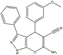 6-amino-4-(3-methoxyphenyl)-3-phenyl-2,4-dihydropyrano[2,3-c]pyrazole-5-carbonitrile 구조식 이미지