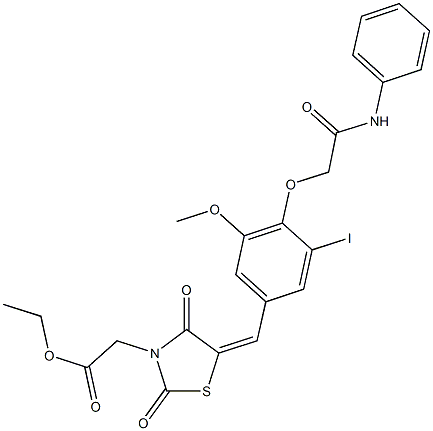 ethyl {5-[4-(2-anilino-2-oxoethoxy)-3-iodo-5-methoxybenzylidene]-2,4-dioxo-1,3-thiazolidin-3-yl}acetate 구조식 이미지