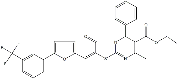 ethyl 7-methyl-3-oxo-5-phenyl-2-({5-[3-(trifluoromethyl)phenyl]-2-furyl}methylene)-2,3-dihydro-5H-[1,3]thiazolo[3,2-a]pyrimidine-6-carboxylate 구조식 이미지