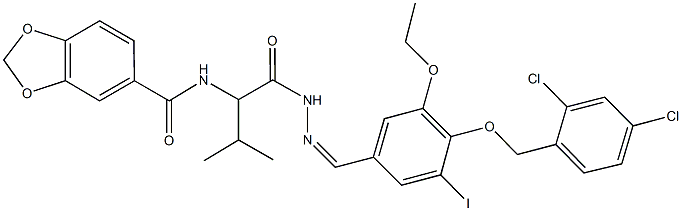 N-{1-[(2-{4-[(2,4-dichlorobenzyl)oxy]-3-ethoxy-5-iodobenzylidene}hydrazino)carbonyl]-2-methylpropyl}-1,3-benzodioxole-5-carboxamide 구조식 이미지