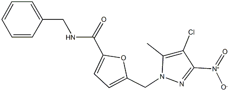 N-benzyl-5-({4-chloro-3-nitro-5-methyl-1H-pyrazol-1-yl}methyl)-2-furamide 구조식 이미지