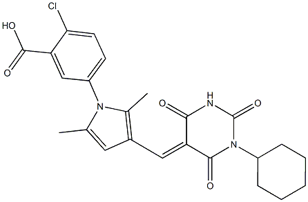 2-chloro-5-{3-[(1-cyclohexyl-2,4,6-trioxotetrahydro-5(2H)-pyrimidinylidene)methyl]-2,5-dimethyl-1H-pyrrol-1-yl}benzoic acid Structure