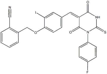 2-({4-[(1-(4-fluorophenyl)-4,6-dioxo-2-thioxotetrahydro-5(2H)-pyrimidinylidene)methyl]-2-iodophenoxy}methyl)benzonitrile 구조식 이미지