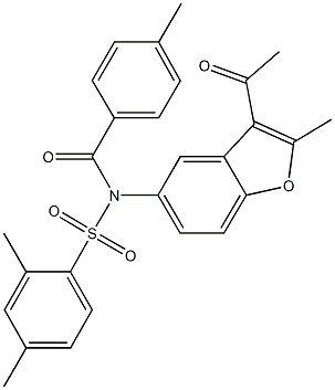 N-(3-acetyl-2-methyl-1-benzofuran-5-yl)-2,4-dimethyl-N-(4-methylbenzoyl)benzenesulfonamide 구조식 이미지