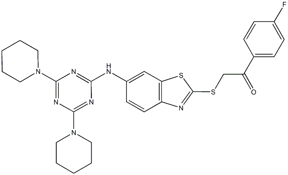 2-[(6-{[4,6-di(1-piperidinyl)-1,3,5-triazin-2-yl]amino}-1,3-benzothiazol-2-yl)sulfanyl]-1-(4-fluorophenyl)ethanone Structure