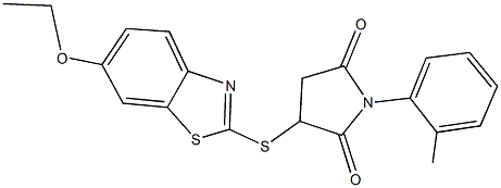 3-[(6-ethoxy-1,3-benzothiazol-2-yl)sulfanyl]-1-(2-methylphenyl)-2,5-pyrrolidinedione 구조식 이미지