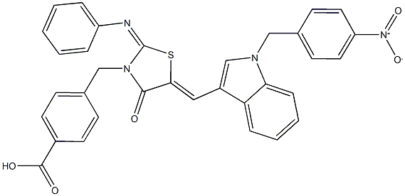 4-{[5-[(1-{4-nitrobenzyl}-1H-indol-3-yl)methylene]-4-oxo-2-(phenylimino)-1,3-thiazolidin-3-yl]methyl}benzoic acid 구조식 이미지