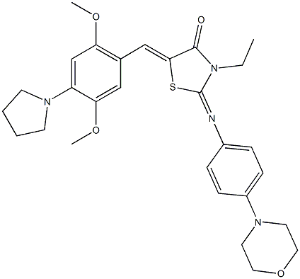 5-[2,5-dimethoxy-4-(1-pyrrolidinyl)benzylidene]-3-ethyl-2-{[4-(4-morpholinyl)phenyl]imino}-1,3-thiazolidin-4-one 구조식 이미지