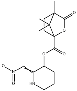 (2E)-2-(nitromethylidene)piperidin-3-yl 4,7,7-trimethyl-3-oxo-2-oxabicyclo[2.2.1]heptane-1-carboxylate 구조식 이미지