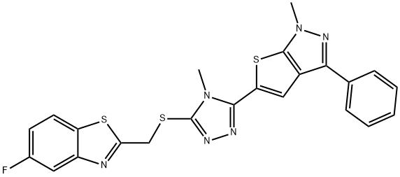 5-fluoro-2-({[4-methyl-5-(1-methyl-3-phenyl-1H-thieno[2,3-c]pyrazol-5-yl)-4H-1,2,4-triazol-3-yl]sulfanyl}methyl)-1,3-benzothiazole 구조식 이미지