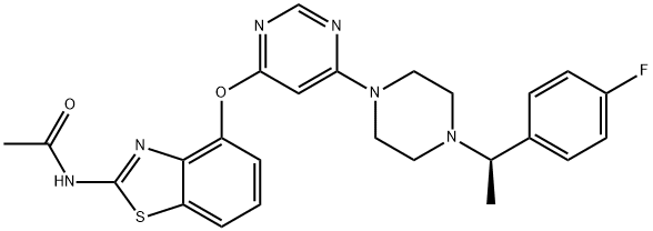 N-{4-[(6-{4-[(1R)-1-(4-fluorophenyl)ethyl]piperazin-1-yl}pyrimidin-4-yl)oxy]-1,3-benzothiazol-2-yl}acetamide Structure