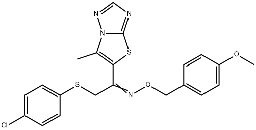 (E)-{2-[(4-chlorophenyl)sulfanyl]-1-{6-methyl-[1,2,4]triazolo[3,2-b][1,3]thiazol-5-yl}ethylidene}[(4-methoxyphenyl)methoxy]amine 구조식 이미지