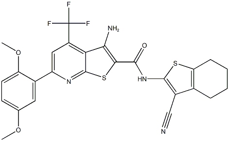 3-amino-N-(3-cyano-4,5,6,7-tetrahydro-1-benzothiophen-2-yl)-6-(2,5-dimethoxyphenyl)-4-(trifluoromethyl)thieno[2,3-b]pyridine-2-carboxamide Structure