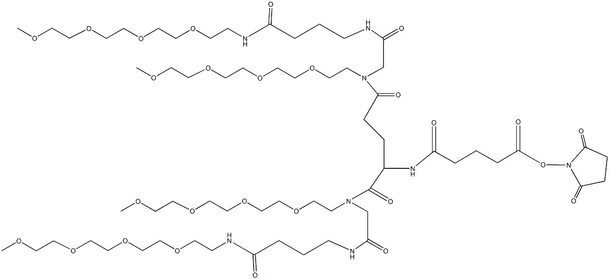 2,5-dioxopyrrolidin-1-yl 26-((15,20-dioxo-2,5,8,11-tetraoxa-14,19-diazahenicosan-21-yl)(2,5,8,11-tetraoxatridecan-13-yl)carbamoyl)-15,20,23,28-tetraoxo-22-(2,5,8,11-tetraoxatridecan-13-yl)-2,5,8,11-tetraoxa-14,19,22,27-tetraazadotriacontan-32-oate 구조식 이미지