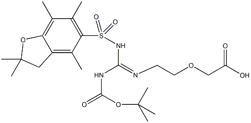 Boc,Pbf-amidino-AEA, 5-[N-t-Butyloxycarbonyl-N-(2,2,4,6,7-pentamethyldihydrobenzofuran-5-sulfonyl)]amidino-3-oxapentanoic acid, [2-(N-Boc-N-Pbf-amidino)ethoxy]acetic acid Structure