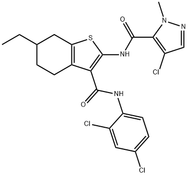 4-chloro-N-[3-[(2,4-dichlorophenyl)carbamoyl]-6-ethyl-4,5,6,7-tetrahydro-1-benzothiophen-2-yl]-2-methylpyrazole-3-carboxamide 구조식 이미지