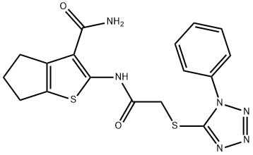 2-[[2-(1-phenyltetrazol-5-yl)sulfanylacetyl]amino]-5,6-dihydro-4H-cyclopenta[b]thiophene-3-carboxamide Structure