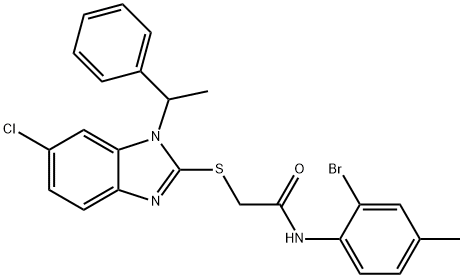 N-(2-bromo-4-methylphenyl)-2-[6-chloro-1-(1-phenylethyl)benzimidazol-2-yl]sulfanylacetamide 구조식 이미지