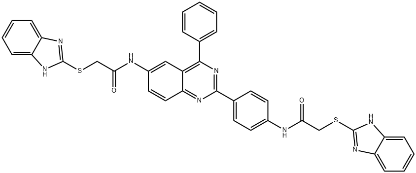 2-(1H-benzimidazol-2-ylsulfanyl)-N-[4-[6-[[2-(1H-benzimidazol-2-ylsulfanyl)acetyl]amino]-4-phenylquinazolin-2-yl]phenyl]acetamide 구조식 이미지