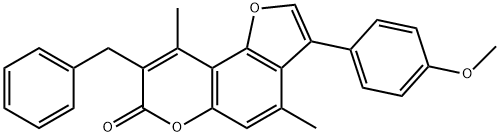 8-benzyl-3-(4-methoxyphenyl)-4,9-dimethylfuro[2,3-f]chromen-7-one 구조식 이미지