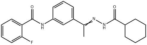 N-[3-[(E)-N-(cyclohexanecarbonylamino)-C-methylcarbonimidoyl]phenyl]-2-fluorobenzamide 구조식 이미지