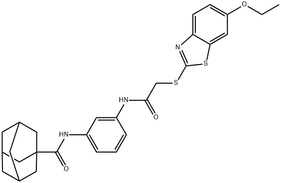 N-[3-[[2-[(6-ethoxy-1,3-benzothiazol-2-yl)sulfanyl]acetyl]amino]phenyl]adamantane-1-carboxamide 구조식 이미지