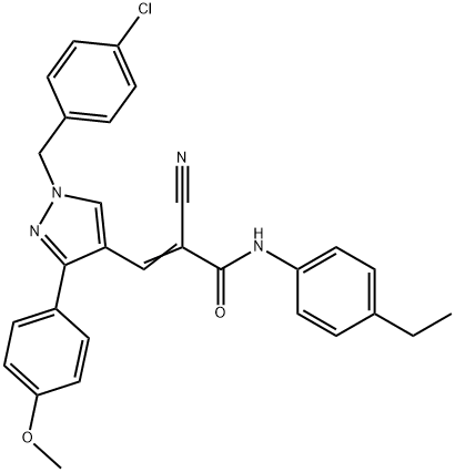 (E)-3-[1-[(4-chlorophenyl)methyl]-3-(4-methoxyphenyl)pyrazol-4-yl]-2-cyano-N-(4-ethylphenyl)prop-2-enamide Structure