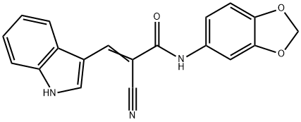 (E)-N-(1,3-benzodioxol-5-yl)-2-cyano-3-(1H-indol-3-yl)prop-2-enamide 구조식 이미지