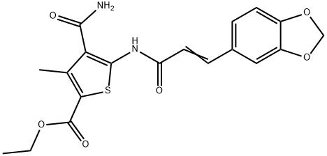 ethyl 5-[[(E)-3-(1,3-benzodioxol-5-yl)prop-2-enoyl]amino]-4-carbamoyl-3-methylthiophene-2-carboxylate 구조식 이미지