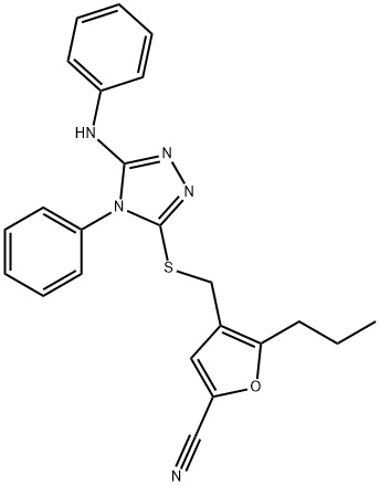 4-[(5-anilino-4-phenyl-1,2,4-triazol-3-yl)sulfanylmethyl]-5-propylfuran-2-carbonitrile 구조식 이미지