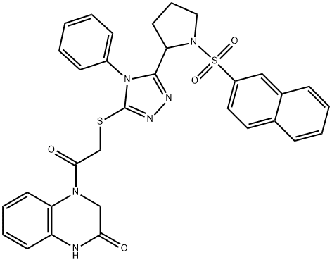 4-[2-[[5-(1-naphthalen-2-ylsulfonylpyrrolidin-2-yl)-4-phenyl-1,2,4-triazol-3-yl]sulfanyl]acetyl]-1,3-dihydroquinoxalin-2-one 구조식 이미지