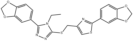 2-(1,3-benzodioxol-5-yl)-4-[[5-(1,3-benzodioxol-5-yl)-4-ethyl-1,2,4-triazol-3-yl]sulfanylmethyl]-1,3-thiazole Structure