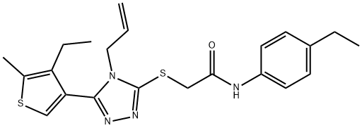 2-[[5-(4-ethyl-5-methylthiophen-3-yl)-4-prop-2-enyl-1,2,4-triazol-3-yl]sulfanyl]-N-(4-ethylphenyl)acetamide 구조식 이미지