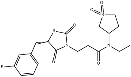 N-(1,1-dioxothiolan-3-yl)-N-ethyl-3-[(5E)-5-[(3-fluorophenyl)methylidene]-2,4-dioxo-1,3-thiazolidin-3-yl]propanamide 구조식 이미지
