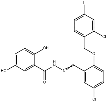 N-[(E)-[5-chloro-2-[(2-chloro-4-fluorophenyl)methoxy]phenyl]methylideneamino]-2,5-dihydroxybenzamide 구조식 이미지