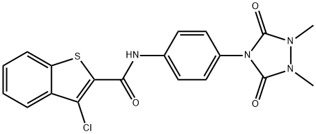 3-chloro-N-[4-(1,2-dimethyl-3,5-dioxo-1,2,4-triazolidin-4-yl)phenyl]-1-benzothiophene-2-carboxamide 구조식 이미지