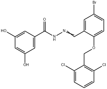 N-[(E)-[5-bromo-2-[(2,6-dichlorophenyl)methoxy]phenyl]methylideneamino]-3,5-dihydroxybenzamide 구조식 이미지