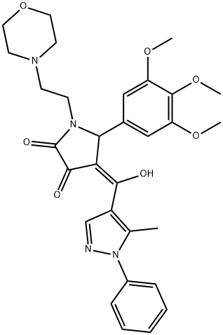 (E)-(5-methyl-1-phenylpyrazol-4-yl)-[1-(2-morpholin-4-ium-4-ylethyl)-4,5-dioxo-2-(3,4,5-trimethoxyphenyl)pyrrolidin-3-ylidene]methanolate 구조식 이미지